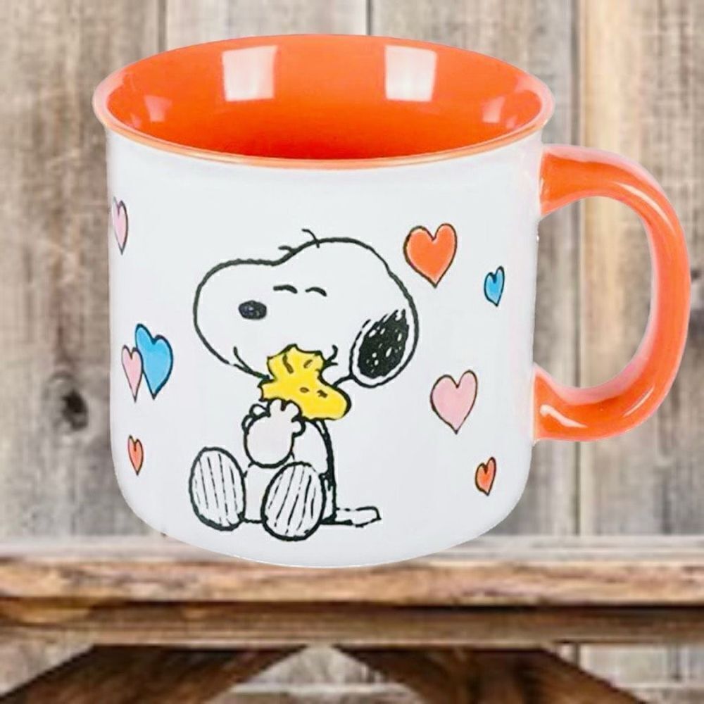 NWT Adorable Peanuts Snoopy  & Woodstock White / Orange Ceramic 21 Oz Big Mug